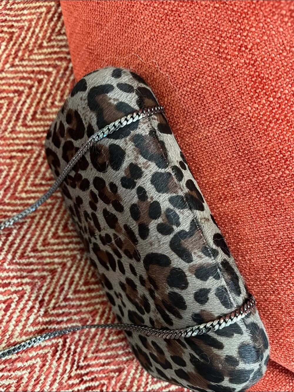 Vince Camuto Leopard Print Clutch in Gray and Brown with Silver Chain
